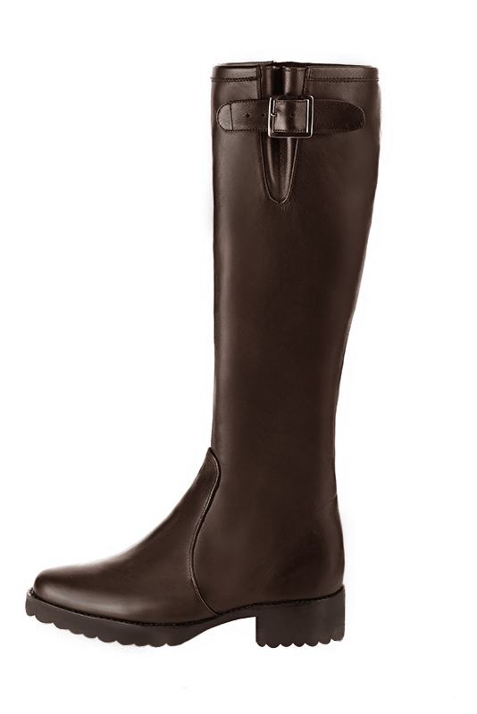 Dark brown women's knee-high boots with buckles. Round toe. Flat rubber soles. Made to measure. Profile view - Florence KOOIJMAN